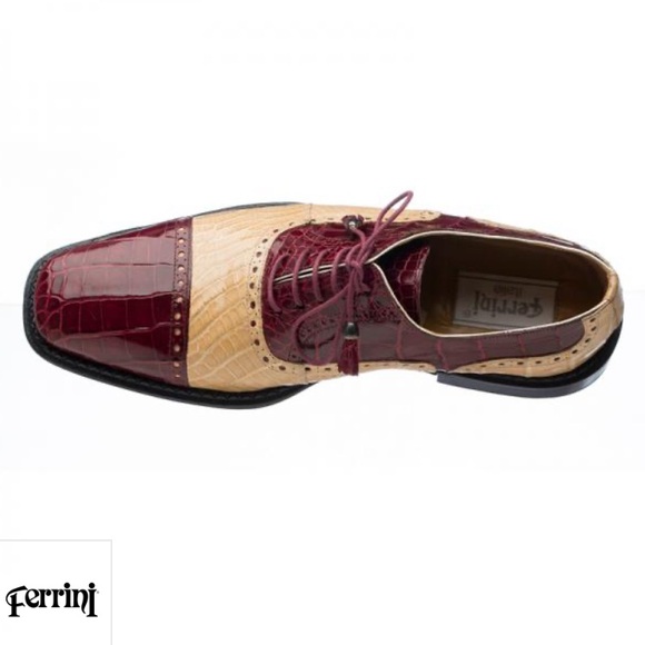 Ferrini Mens Alligator Skin Ostrich Quill Leather Oxfords Shoe Burgundy Wine Tan main image 12